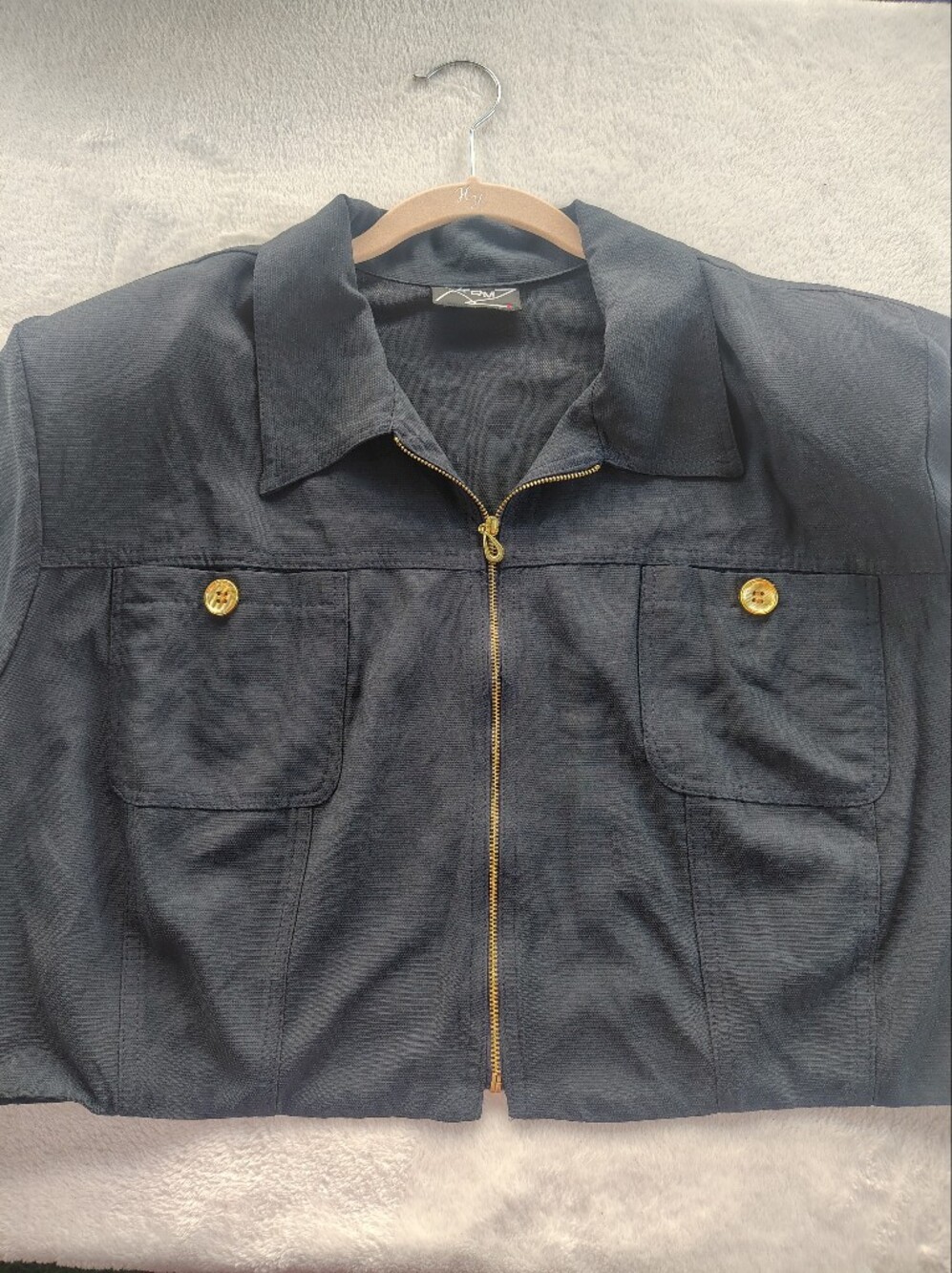 Classic Vintage Black Zip-Front women's Jacket with Gold Buttons